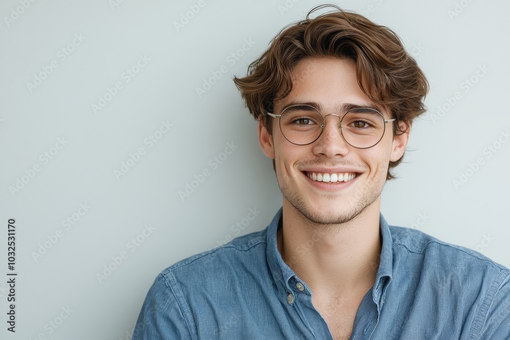 Radiant Smile Closeup Portrait of Joyful Young Man against Light Blue Background Radiant Smile Closeup Portrait of Joyful Young Man against Light Blue Background