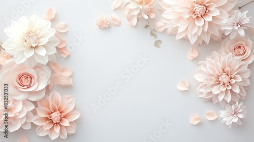 Simple watercolor dahlias with minimal details, soft pastel colors on a light gray background, seamless pattern