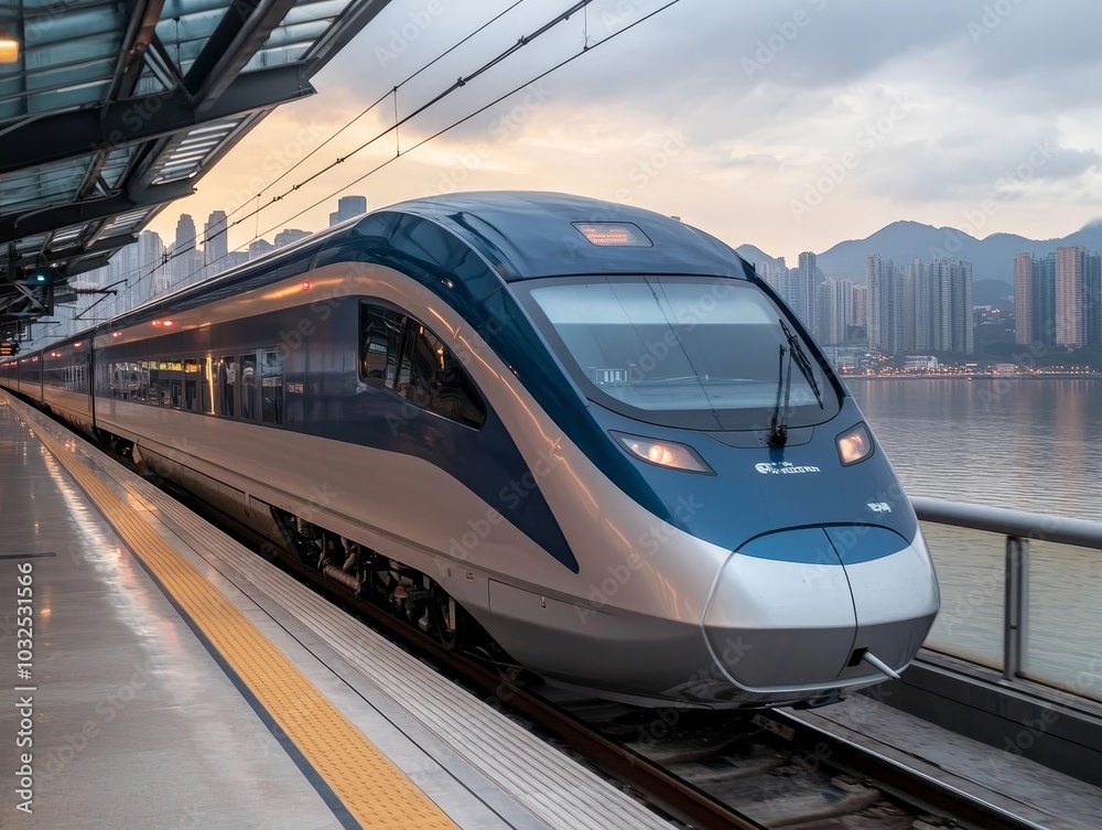 Naklejka premium Sleek High-Speed Train on Urban Platform with Cityscape Background - Modern Travel Concept
