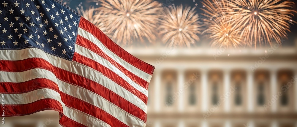 Patriotic Euphoria Vibrant American Flag Waving with Fiery Bursting Fireworks in Night Sky Patriotic Euphoria Vibrant American Flag Waving with Fiery Bursting Fireworks in Night Sky