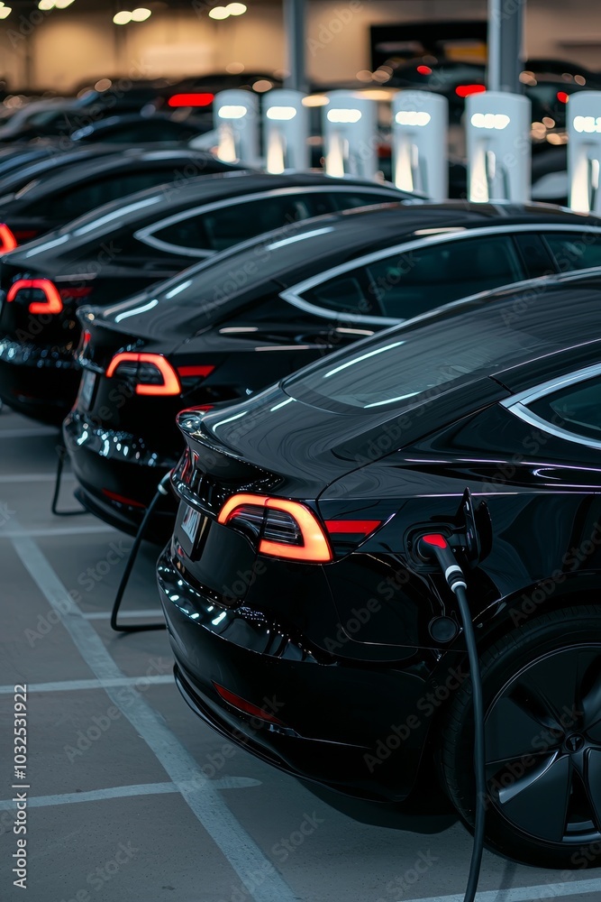 Sleek Black Electric Cars at Charging Station Futuristic Eco-friendly Technology in Dimly Lit Setting Sleek Black Electric Cars at Charging Station Futuristic Eco-friendly Technology in Dimly Lit Setting