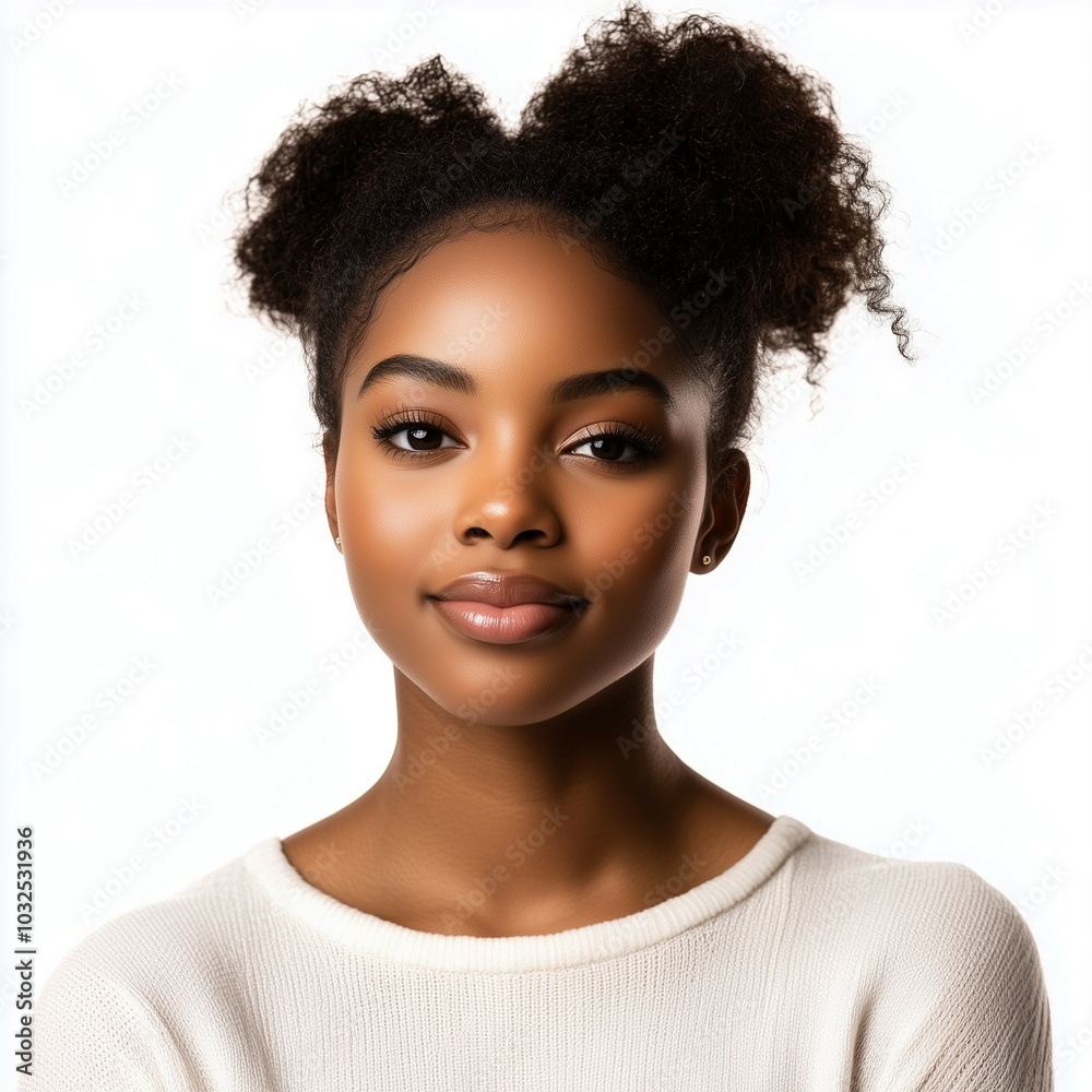 Portrait of a young woman with curly hair styled in two puffs, confidently posing against a white background Portrait of a young woman with curly hair styled in two puffs, confidently posing against a white background
