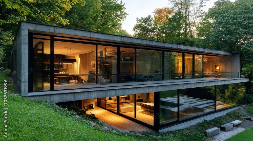 Minimalist home with large windows, blending seamlessly into its natural surroundings Minimalist home with large windows, blending seamlessly into its natural surroundings