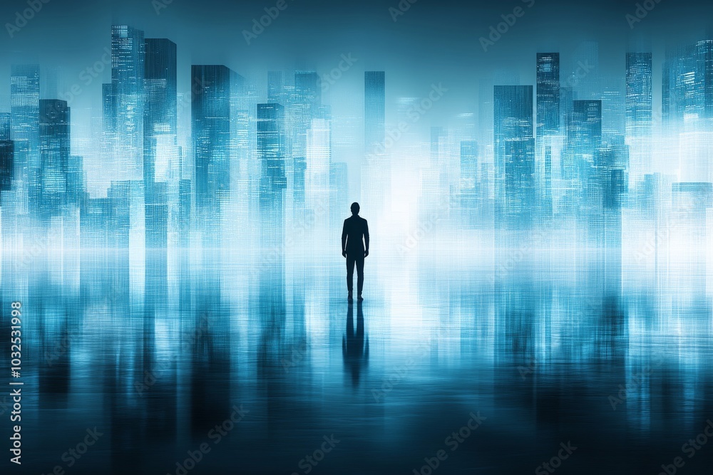 Digital silhouette of a lone person in a glowing cityscape symbolizing isolation technology and the anonymity of modern life in an urban digital focused composition Digital silhouette of a lone person in a glowing cityscape symbolizing isolation technology and the anonymity of modern life in an urban digital focused composition