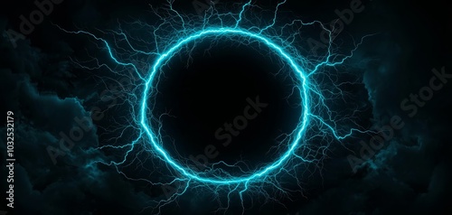 Vibrant Electric Blue Circle Amidst Stormy Skies - Dramatic Sci-Fi Energy Portal Illustration