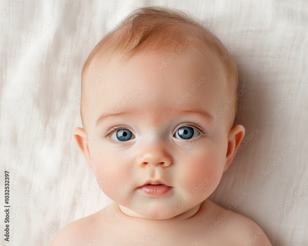 Ethereal Innocence Close-Up Portrait of Baby with Bright Blue Eyes on Soft White Fabric - Tender, Heartwarming, Newborn, Family, Intimate Moment Ethereal Innocence Close-Up Portrait of Baby with Bright Blue Eyes on Soft White Fabric - Tender, Heartwarming, Newborn, Family, Intimate Moment