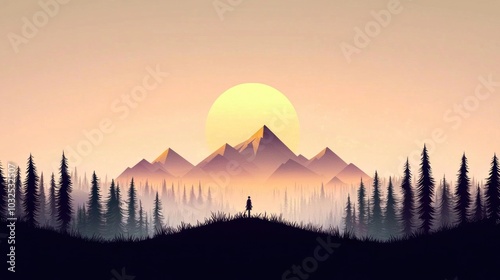 A serene morning in the mountains embracing nature's beauty with a silhouette against a golden sunrise and majestic peaks