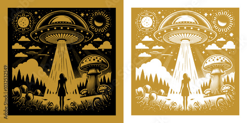 ufo and alien spaceship in night sky design