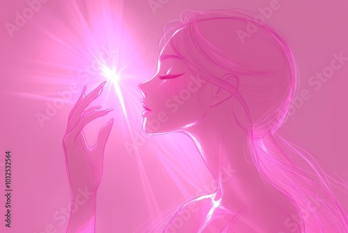 Neon pink futuristic illustration of a woman with her eyes closed holding a glowing orb symbolizing imagination vision and creative energy in a surreal conceptual environment