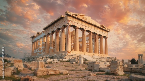 Majestic Parthenon Panorama Iconic Greek Temple in Sunset Light on Acropolis Hill