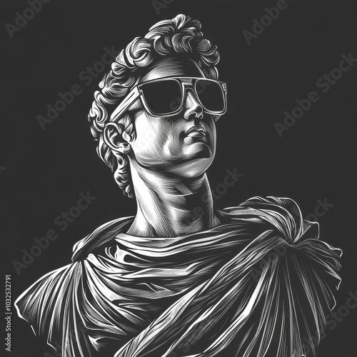 Black and white vintage engraving art of a classical half-length portrait statue of Aeolus wearing glasses with robes blowing in the wind, isolated on white background photo