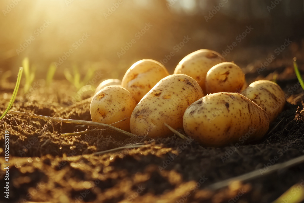 freshly dig potatoes , raw tubers are lying in the garden. natural product, fresh harvest.
