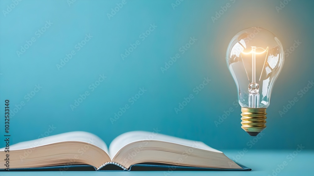 Inspired Illumination Light Bulb Above Open Book Symbolizing Creative Brilliance and Mental Clarity - Unlocking Ideas with Radiant Inspiration Inspired Illumination Light Bulb Above Open Book Symbolizing Creative Brilliance and Mental Clarity - Unlocking Ideas with Radiant Inspiration