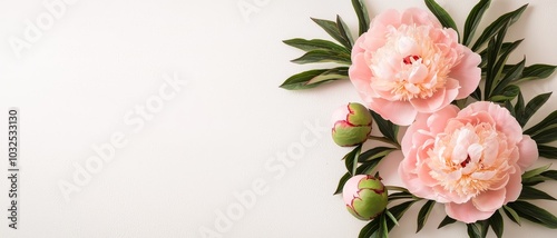 Serene Peony Elegance Closeup View of Soft Pink Blooms on Textured White Background, Peaceful Floral Composition for Greeting Cards and Decor