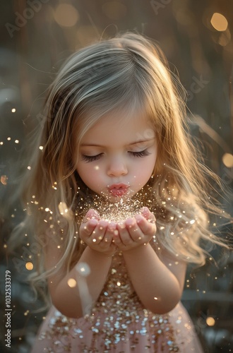 A young girl blows sparkling dust from her hands during golden hour in a gras...