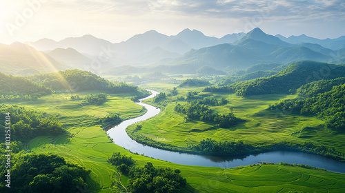 
The winding river meanders through the terraced rice fields, creating an endless sea of greenery and golden hues in summer, a picturesque countryside landscape