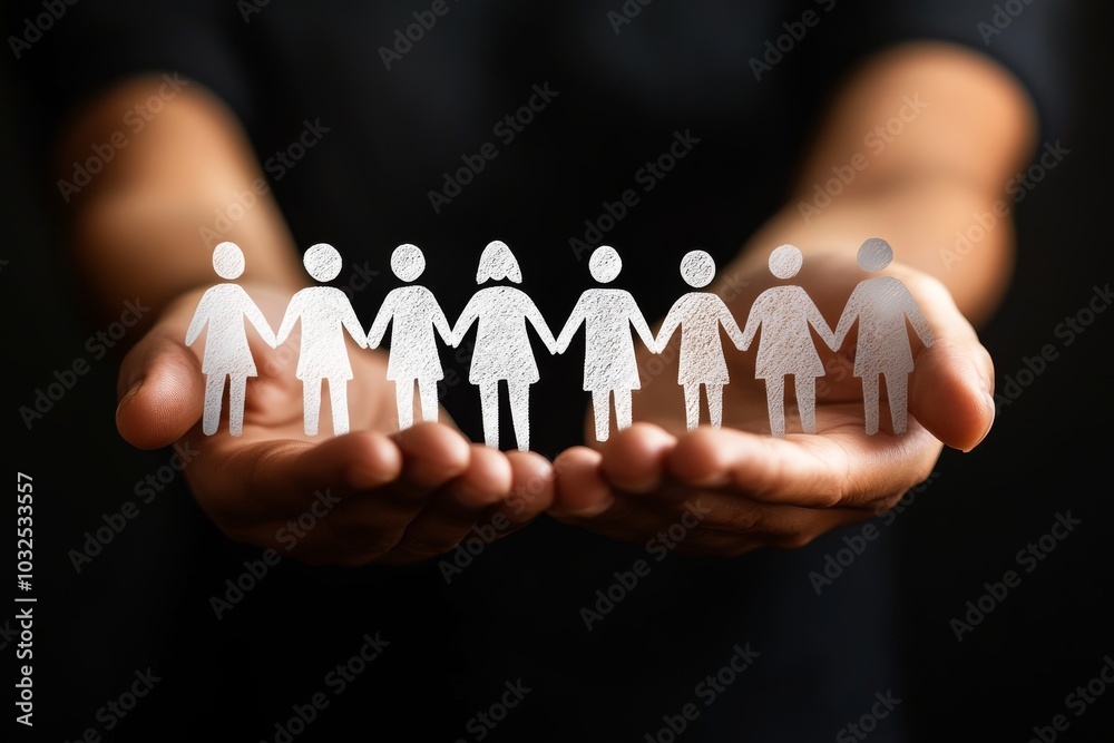 Hands holding a paper cutout chain of people symbolizing unity teamwork and social connection in a supportive environment emphasizing human relationships and collective strength Hands holding a paper cutout chain of people symbolizing unity teamwork and social connection in a supportive environment emphasizing human relationships and collective strength
