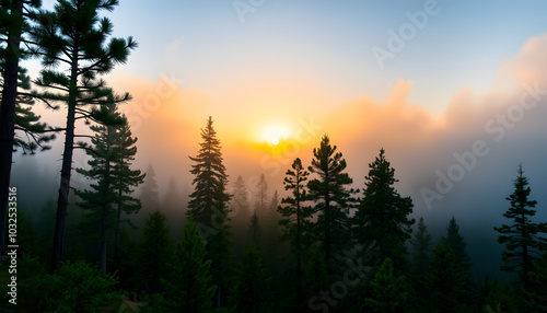 Misty foggy mountain pine forest at sunrise isolated with white highlights, png
