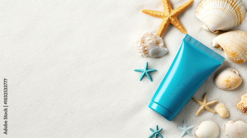 Beach essentials with sunscreen and seashells on white isolate background.