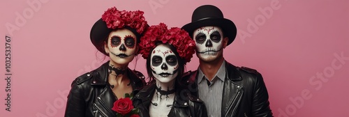 Three people in traditional Day of the Dead attire with elaborate face paint ...