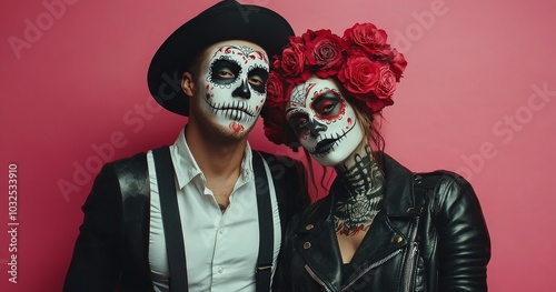 Couple in vibrant Day of the Dead costumes with makeup and flowers against a ...