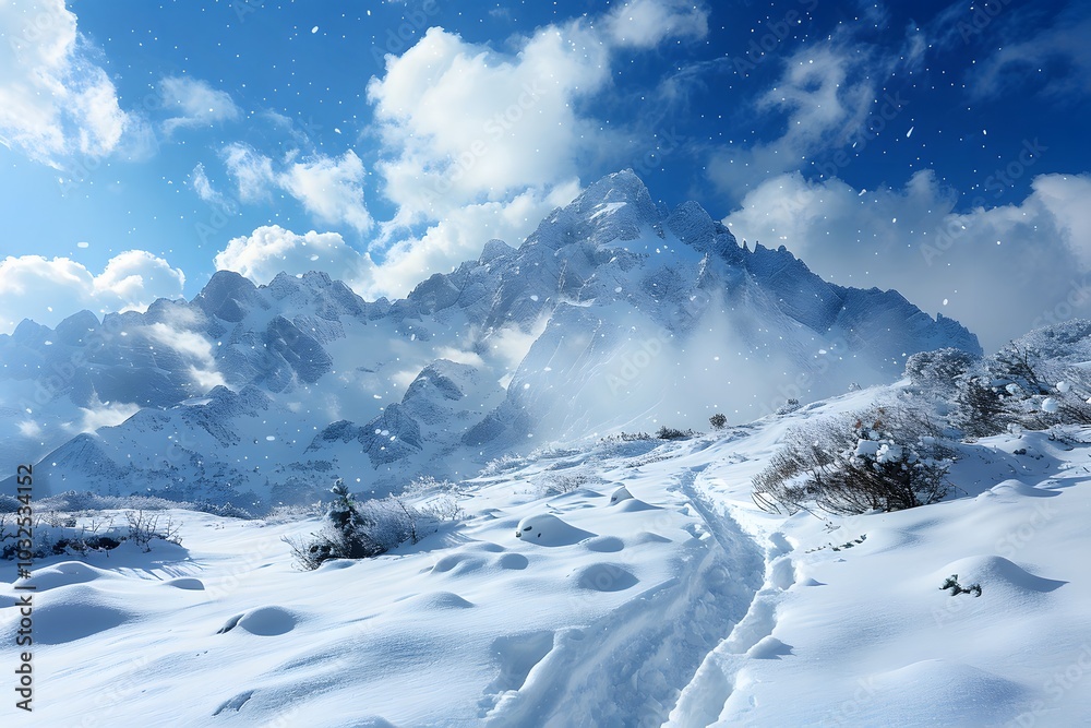 Obraz premium Serene Winter Landscape with Snow-Covered Mountains and a Tranquil Pathway