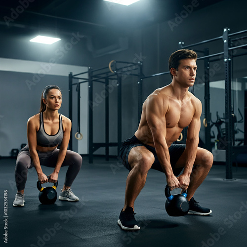 Athletic Duo Doing Kettlebell Exercises During Functional Training in Gym