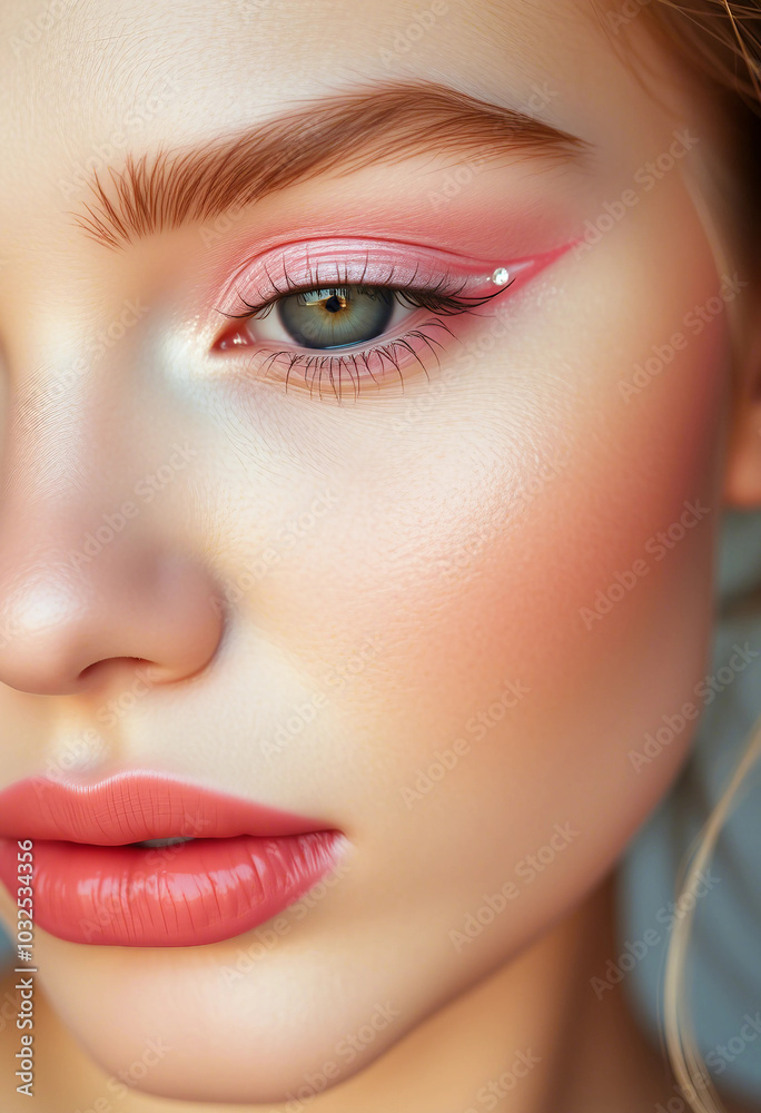 Close-up portrait highlighting vibrant pink eye makeup with glimmering gem details. Features smooth, glowing skin with soft lips, creating an elegant, sophisticated look.
Close-up portrait highlighting vibrant pink eye makeup with glimmering gem details. Features smooth, glowing skin with soft lips, creating an elegant, sophisticated look.