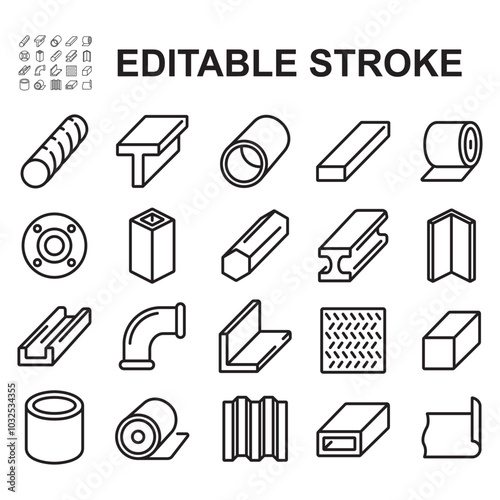 Set of icons of steel and iron products for construction industry work, vector line icons set.