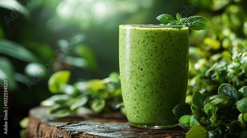 Green smoothie in a glass with mint leaves on top, surrounded by green plants.