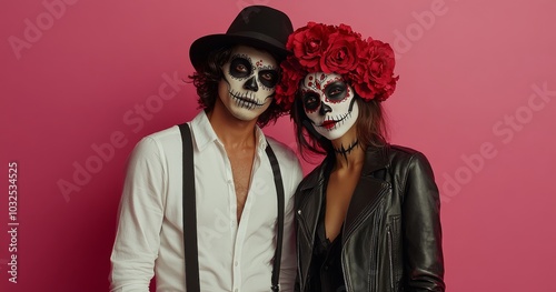 Couple in vibrant Day of the Dead costumes with makeup and flowers against a ...