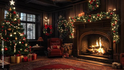 Cozy living room with a Christmas tree and a fireplace. The room is decorated with Christmas lights and wreaths