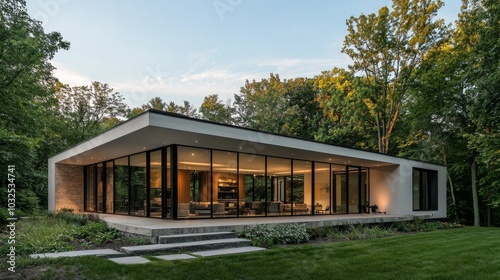 Minimalist home with large windows, blending seamlessly into its natural surroundings