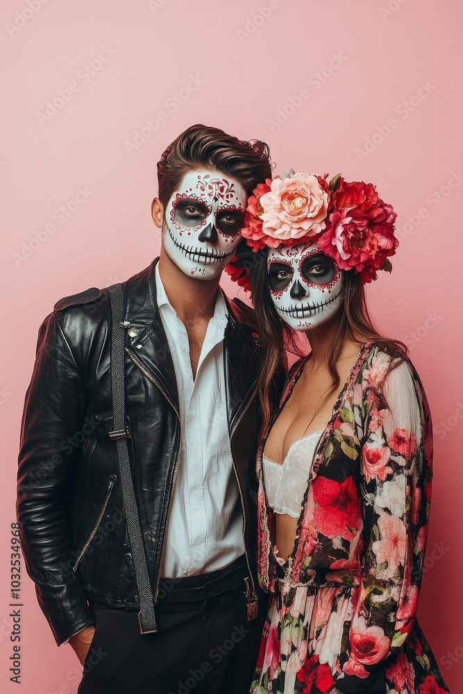 Couple in elaborate skull makeup posing against a pink backdrop during a festive celebration Couple in elaborate skull makeup posing against a pink backdrop during a festive celebration