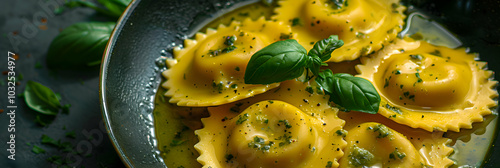 Vegan vegetable ravioli with basil pesto