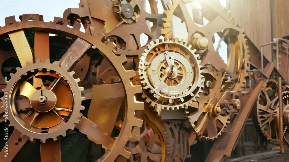 Gears in motion rotate smoothly, reflecting warm copper and gold tones, set against an industrial backdrop. The zoom-in movement highlights intricate details and the harmony of the mechanical