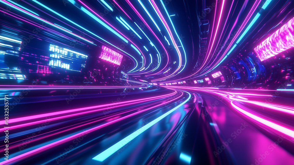 A futuristic highway transforms into a digital racetrack, pulsating with vibrant neon light trails.