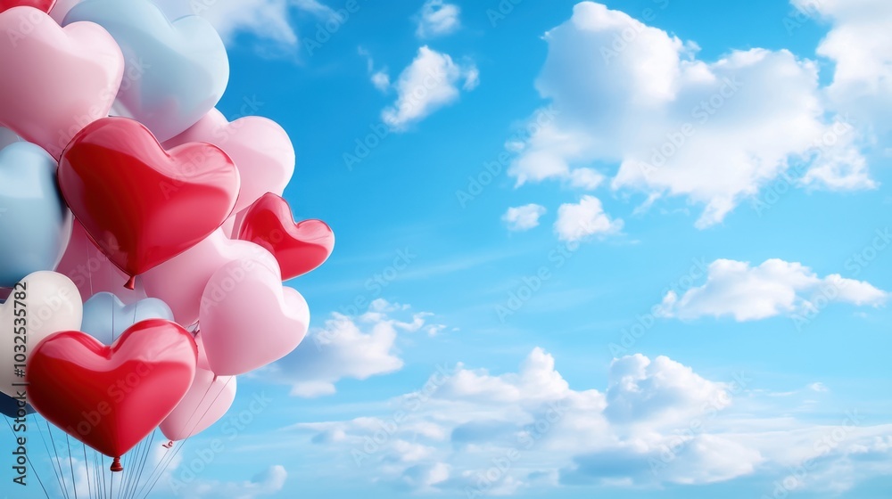 Colorful heart-shaped balloons against a bright blue sky with fluffy clouds.
