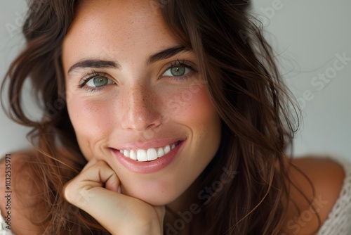 Radiant Smile: A Close-Up Portrait of a Young Woman with Freckles and Beautiful Green Eyes