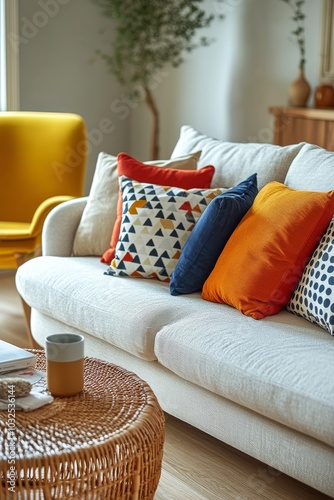 Bright and cozy living room with colorful pillows on a light sofa and a wicke...