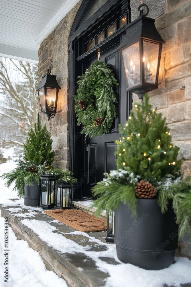 Naklejka premium Decorated entrance with a wreath and illuminated trees during the festive winter season