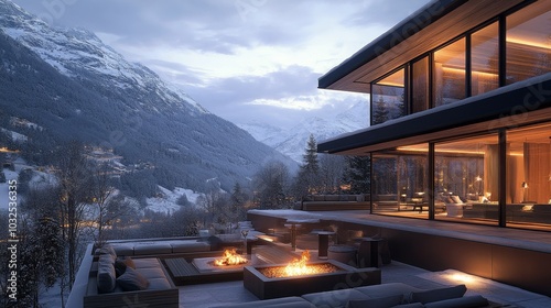 Modern hillside home with cozy fire pit surrounded by snow covered landscape ...