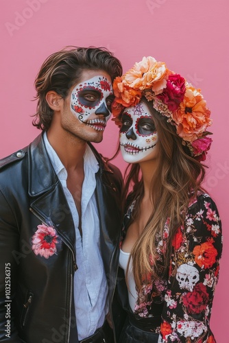 Couple in elaborate skull makeup posing against a pink backdrop during a fest...