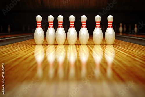 Bowling Pins Reflecting in a Highly Polished Lane photo