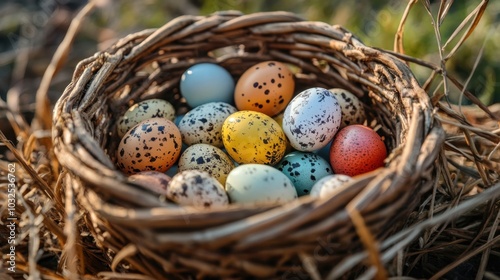 A detailed close up of a woven basket with colorful and different Easter eggs in it