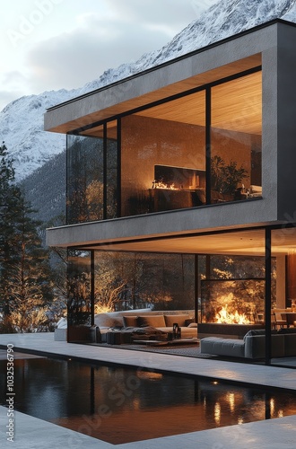 Modern mountain home with large windows and a cozy fire, surrounded by snowy ...
