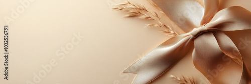Elegant golden ribbon tied on a soft beige background for gift wrapping or de...