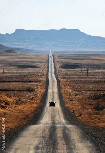 A winding road stretches through an arid desert landscape with distant mounta...