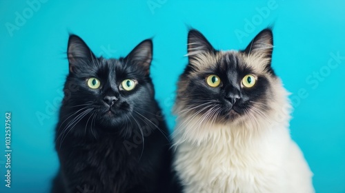 black cat sitting behind a fluffy cat on a bright blue background, both looking directly at the camera with a surprised expression stock minimalist photo