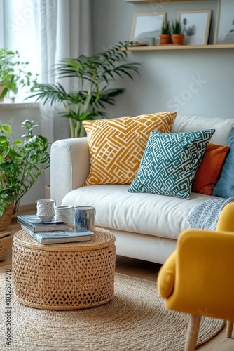 Bright and cozy living room with colorful pillows on a light sofa and a wicke...